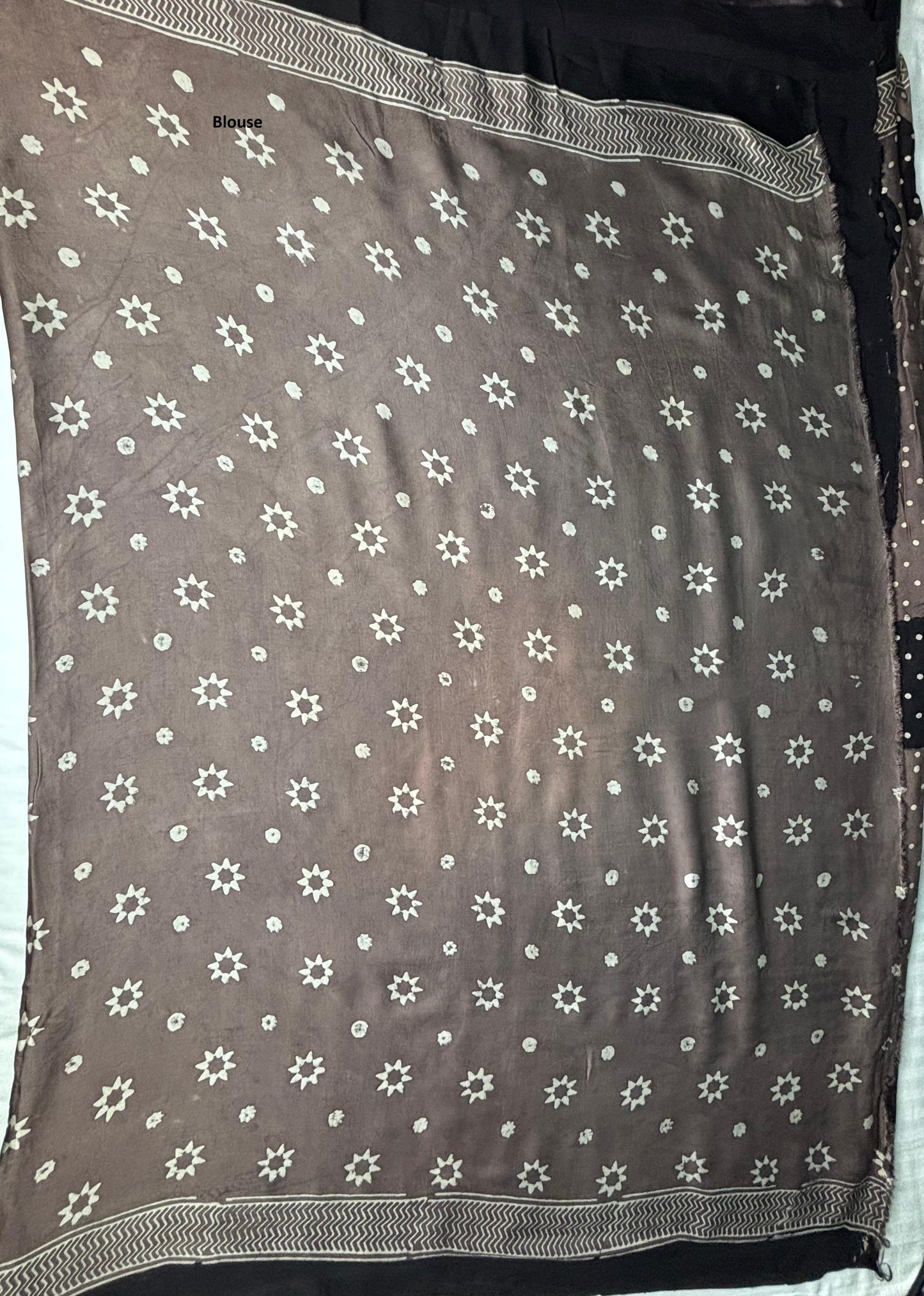 Taupe Ajrak Block Print Modal Saree with Bold Circle Motifs & Black Pallu