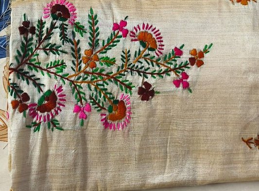 Assam Tussar Silk Saree | Kashmiri Brown & Pink Floral Embroidery | Beige – Daaraa Silks