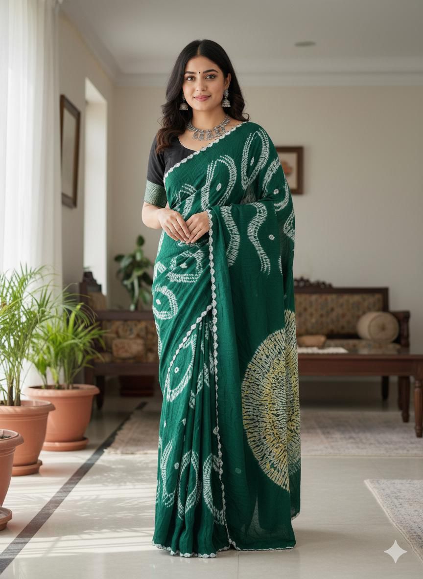 Modal_ Shibori_Bandhani_Tissue pallu_Bottle Green