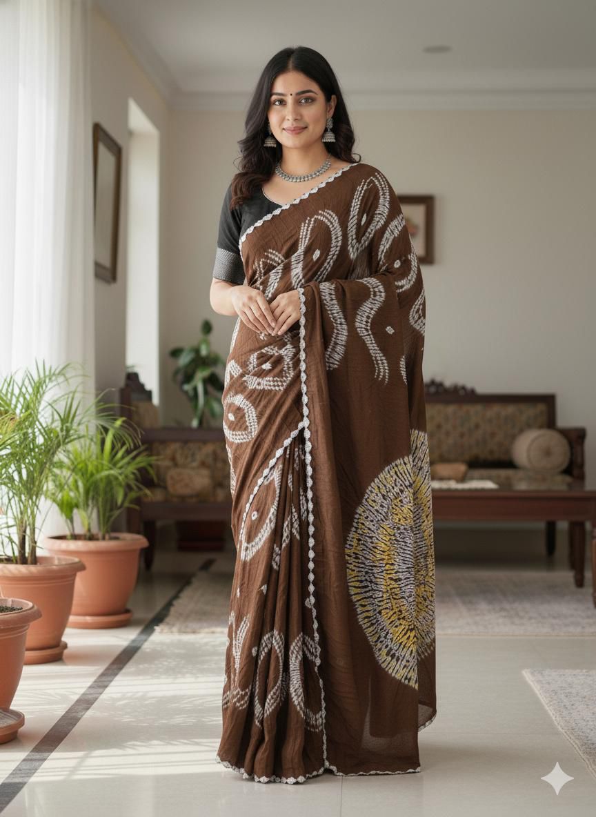 Modal_ Shibori_Bandhani_Tissue pallu_Brown