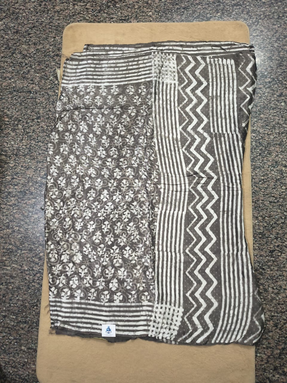 Pure Modal Dhabu Handblock Kalamkari Saree with Chikku Brown tissue Pallu