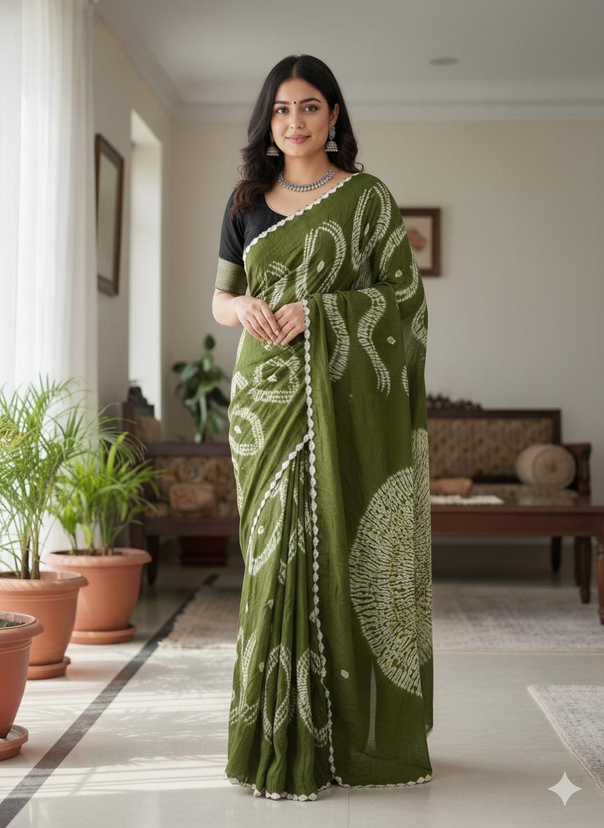 Modal Shibori Bandhani Saree with Tissue Pallu – Green