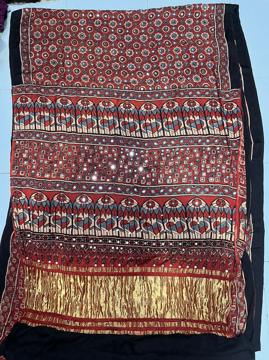 Ajrak Mirror Work Saree – Brick Red