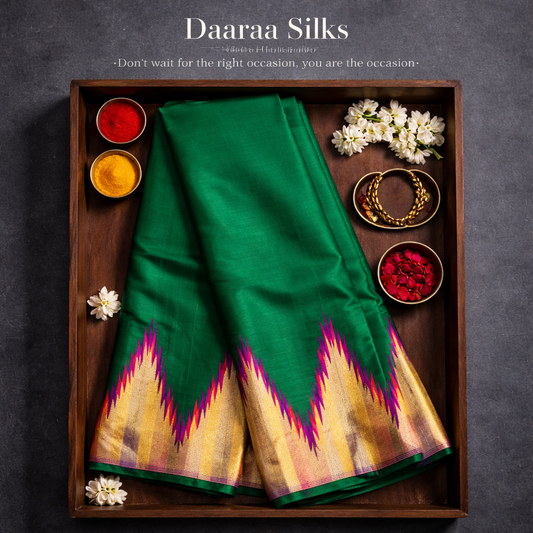 Kanchi Silk-Body-Emerald Green-Border-Magenta-Violet.