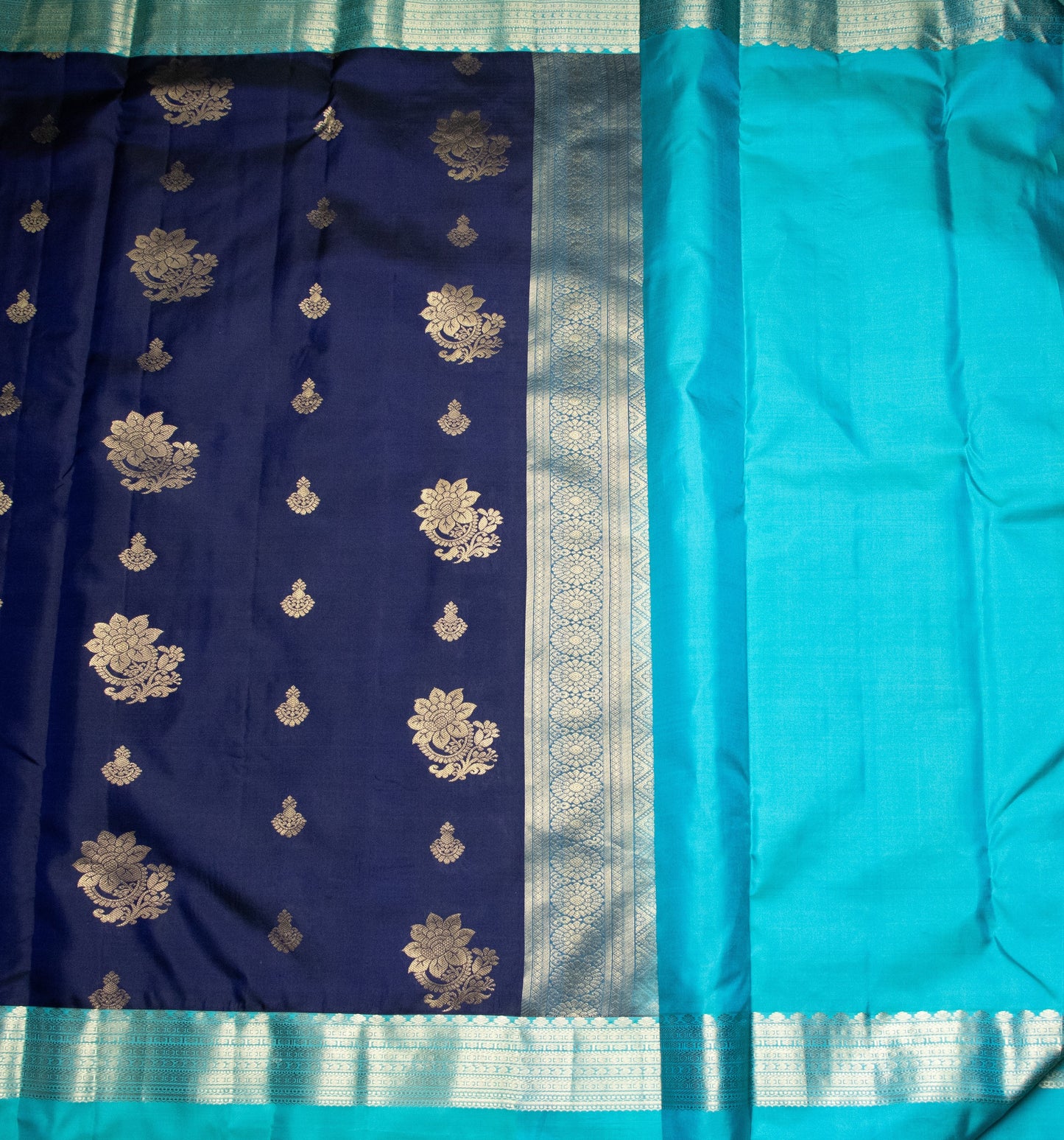 Kanchi Silk-Body-Dark Navy Blue, Border-Teal/Sea green