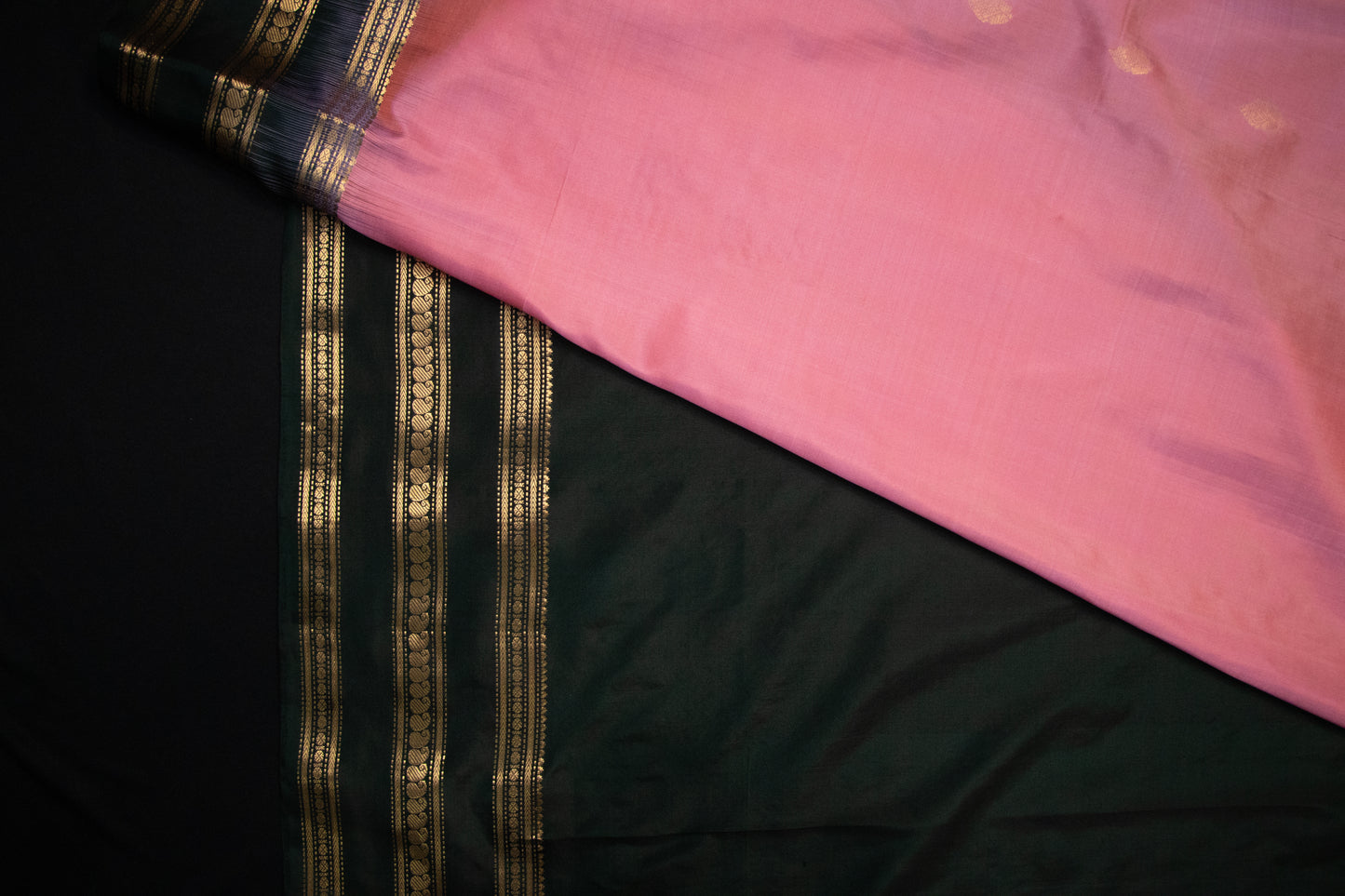 Soft Silk-Body-Soft Rose Pink-Border-Deep bottle green with antique gold zari