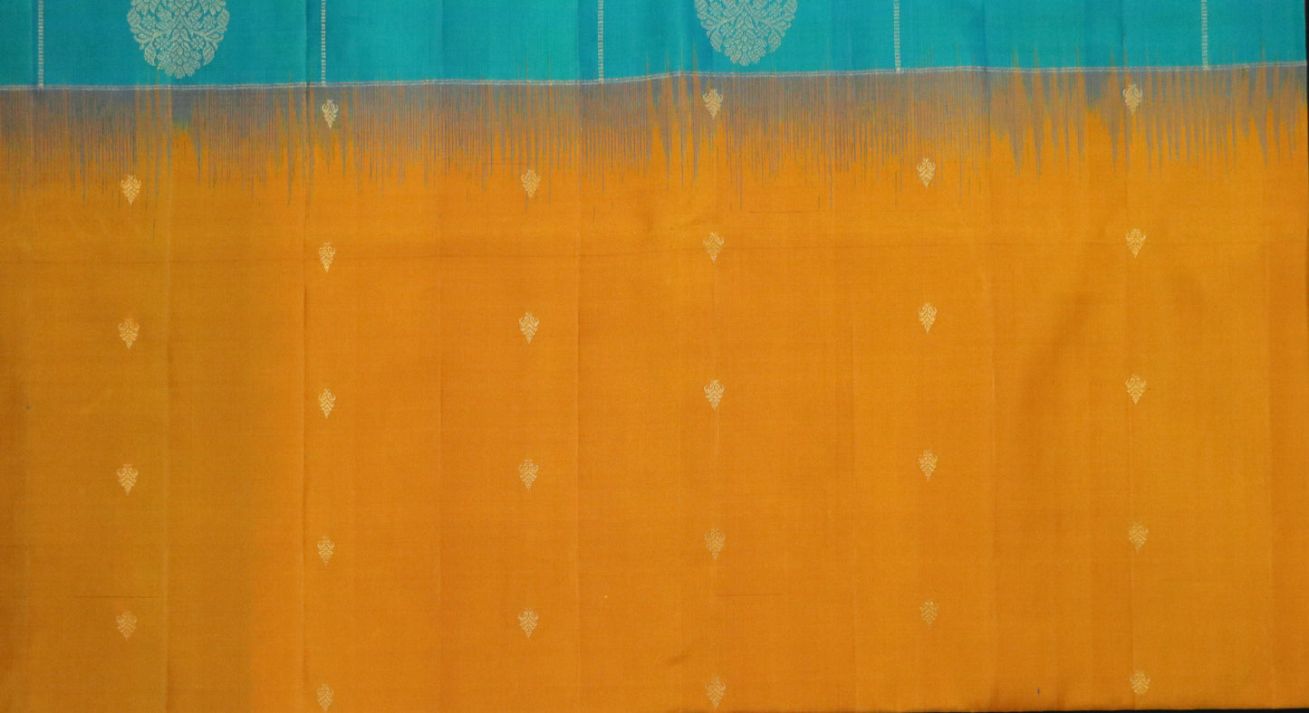 Kanchi Soft Silk Saree – Mustard Yellow Body with Teal Green Border