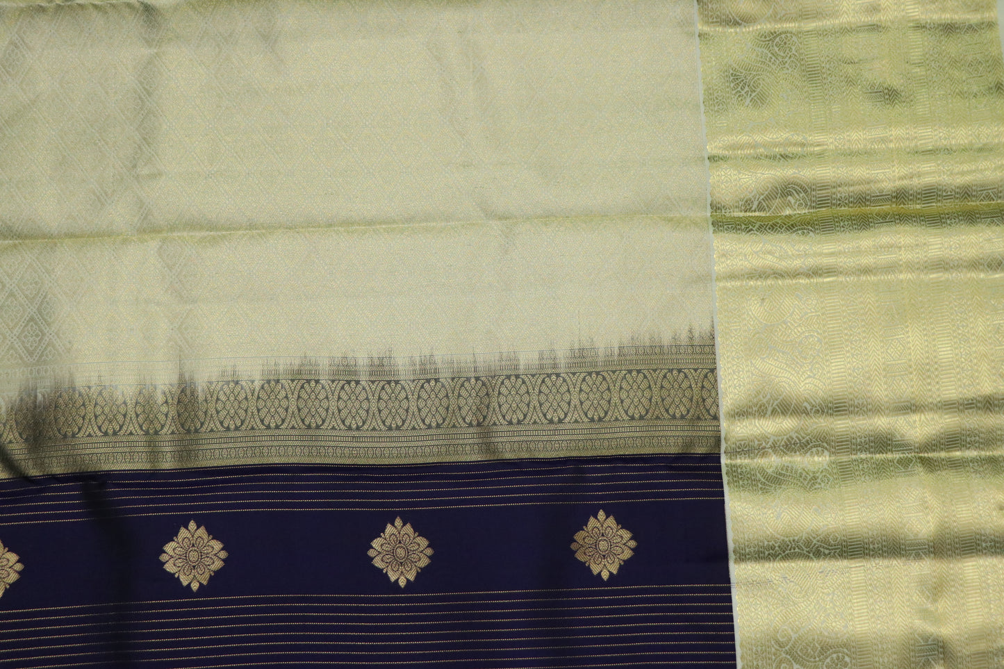 Kanchi Silk-Body-Deep navy blue-Fine vertical zari pinstripes-Floral buttas