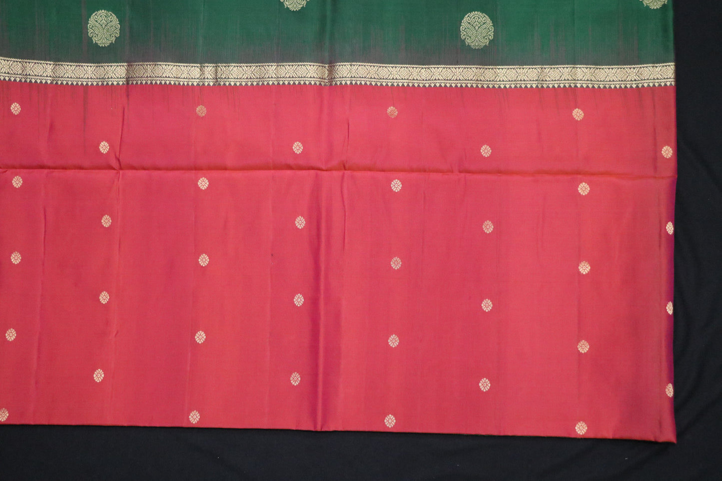 Kanchi Soft Silk Saree – Deep Rani Red Body with Bottle Green Border & Pallu