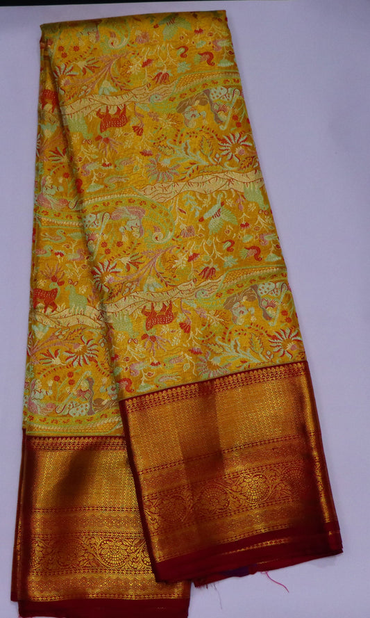 Kanchi Soft Silk Saree – Warm Golden Mustard with Deep Maroon Border & Heavy Antique Gold Zari