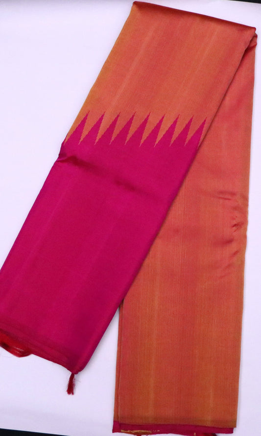 Kanchi Soft Silk Saree – Rust Orange Body with Rising Temple Border & Deep Rani Pink Pallu