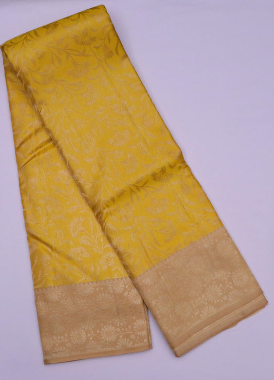Kanchi Soft Silk Saree – Mustard Gold with All-Over Floral Vine Jacquard Weave