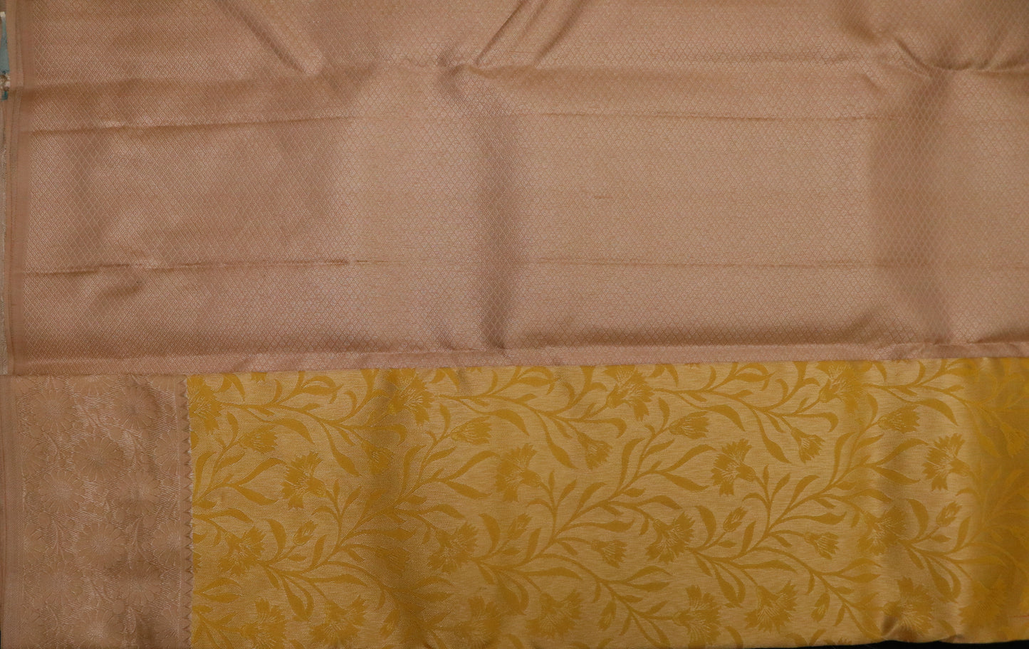Kanchi Silk-Body-Mustard–gold-all-over floral vine jacquard weave-leaf and flower motifs