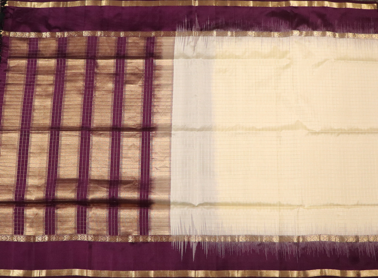 Kanchi Soft Silk Saree – Cream Body with Aubergine Border & Delicate Gold Zari Checks