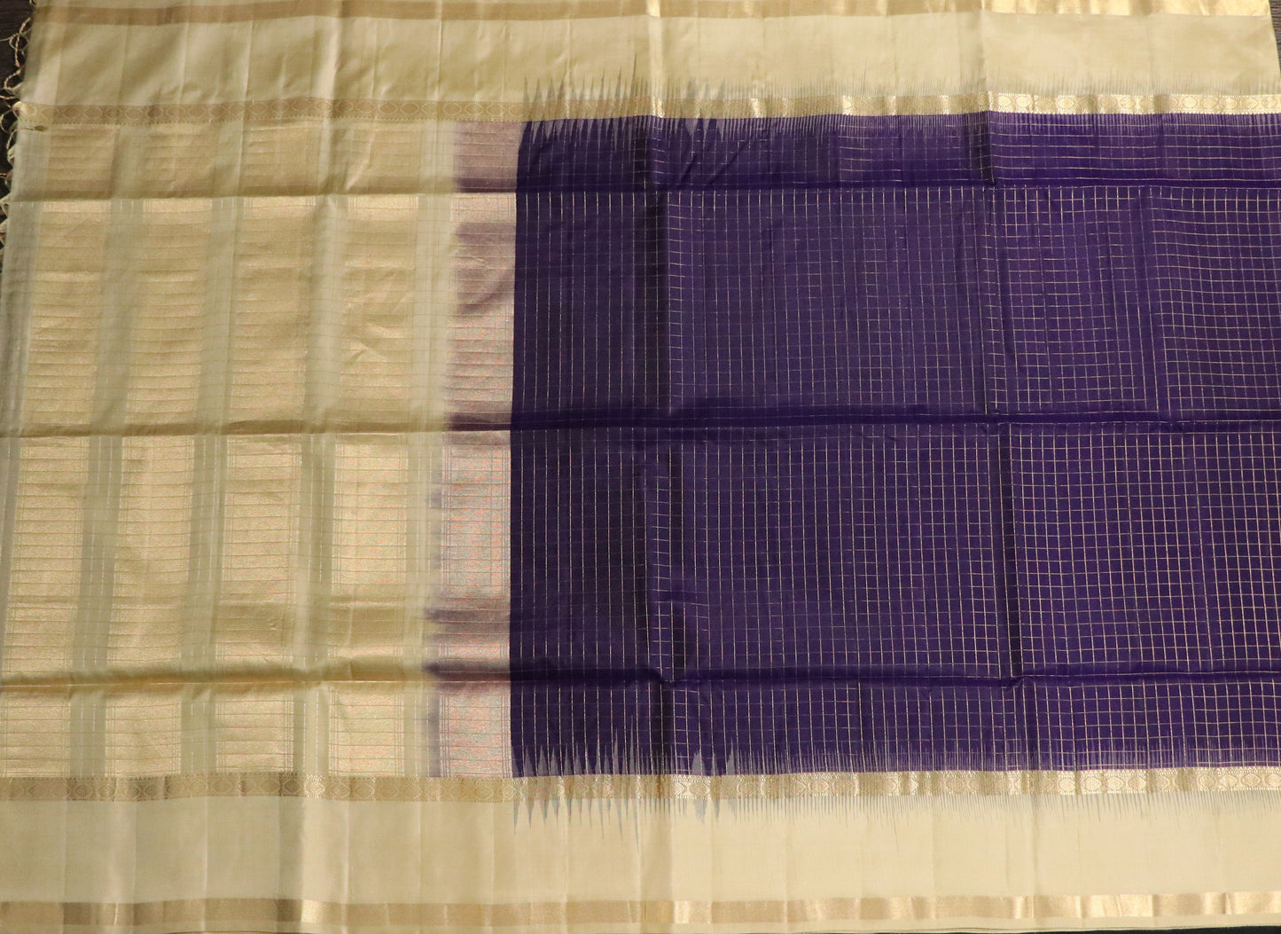 Silk-Body- Deep Navy Blue-Gold zari checks-Border-Warm beige