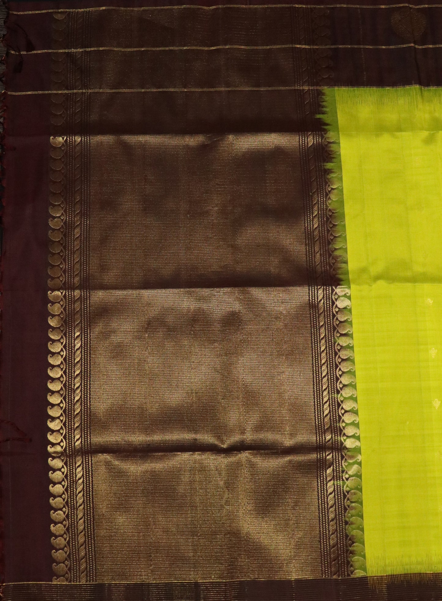 Kanchi Soft Silk Saree – Lemon Green Body with Deep Coffee Brown Border