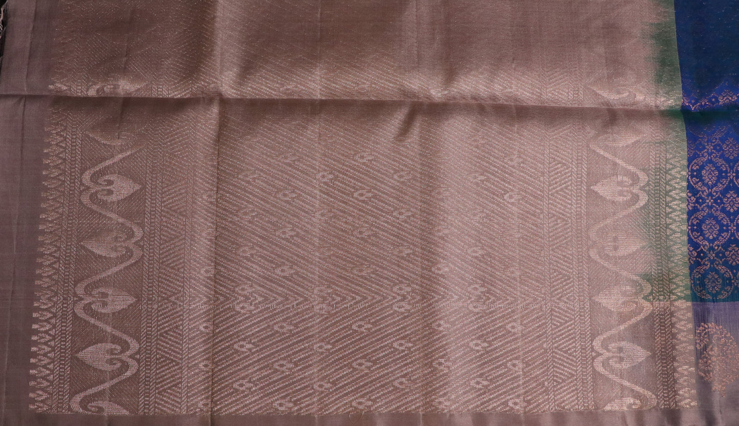 Soft Silk-Body-Teal–blue-All Over Woven Jacquard pattern -Border & Pallu-Soft champagne beige