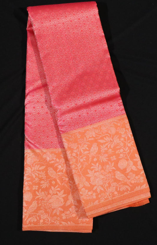Kanchi Brocade Silk Saree – Pink Body with Orange Peach Gold Border