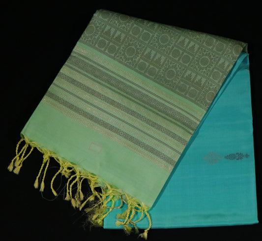 Kanchi Soft Silk Saree – Teal Blue Body with Olive Green Border