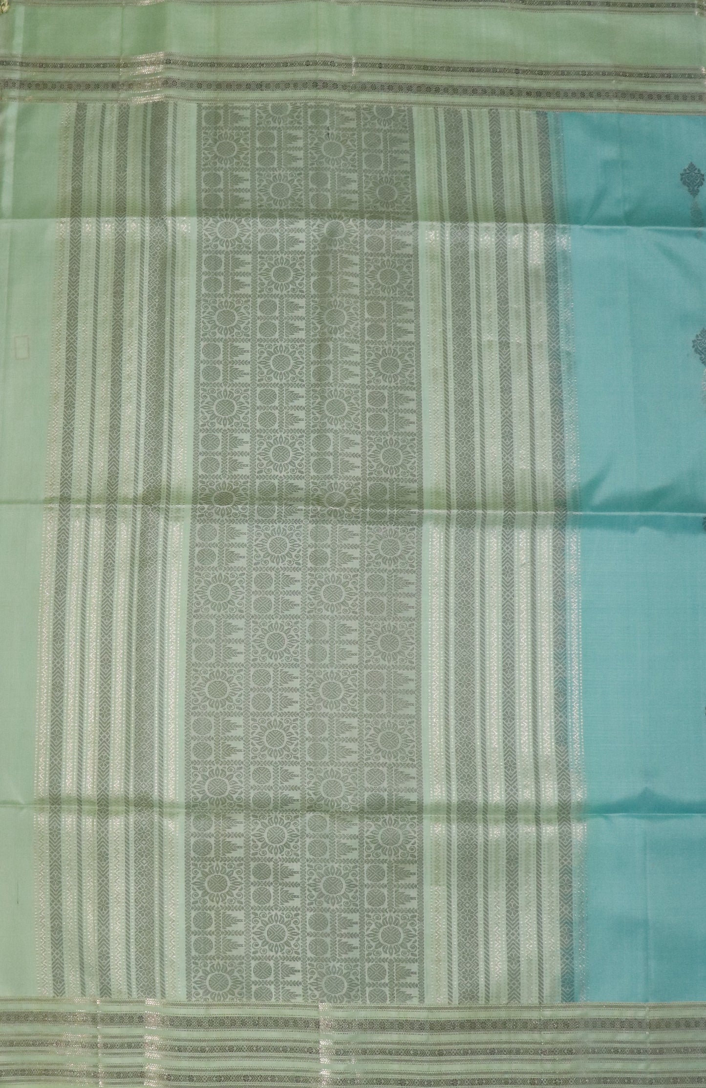 Kanchi Soft Silk Saree – Teal Blue Body with Olive Green Border