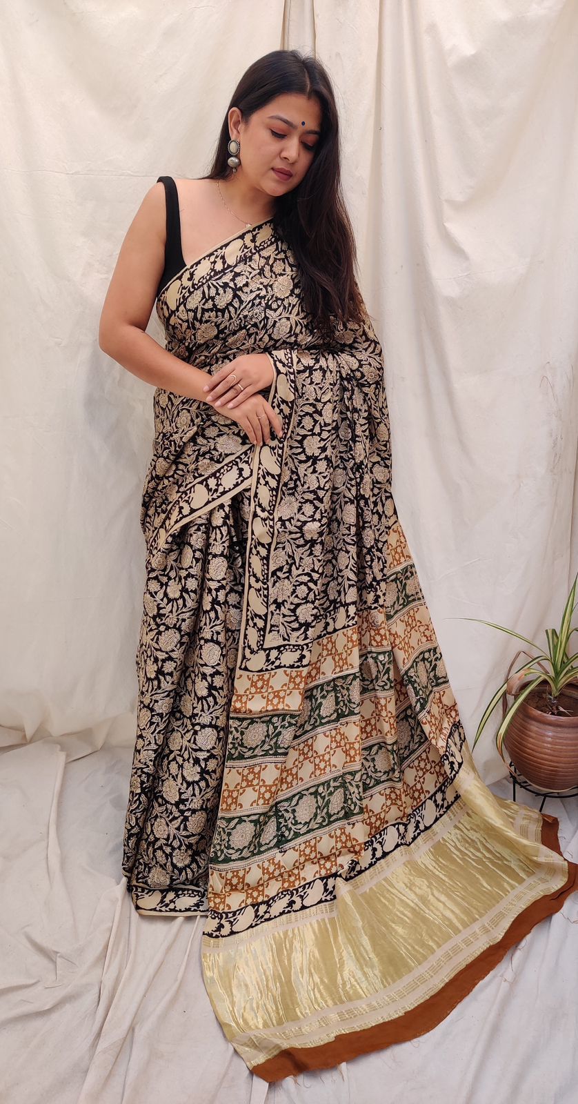 Pure Modal Dhabu Handblock Kalamkari Saree With Black tissue Pallu