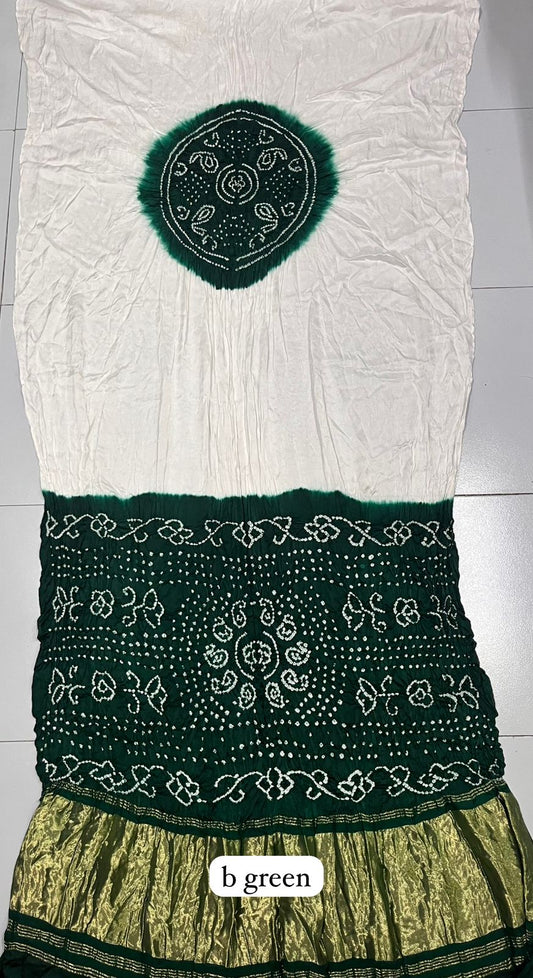 White Modal Chakkar Bandhej Saree – Green