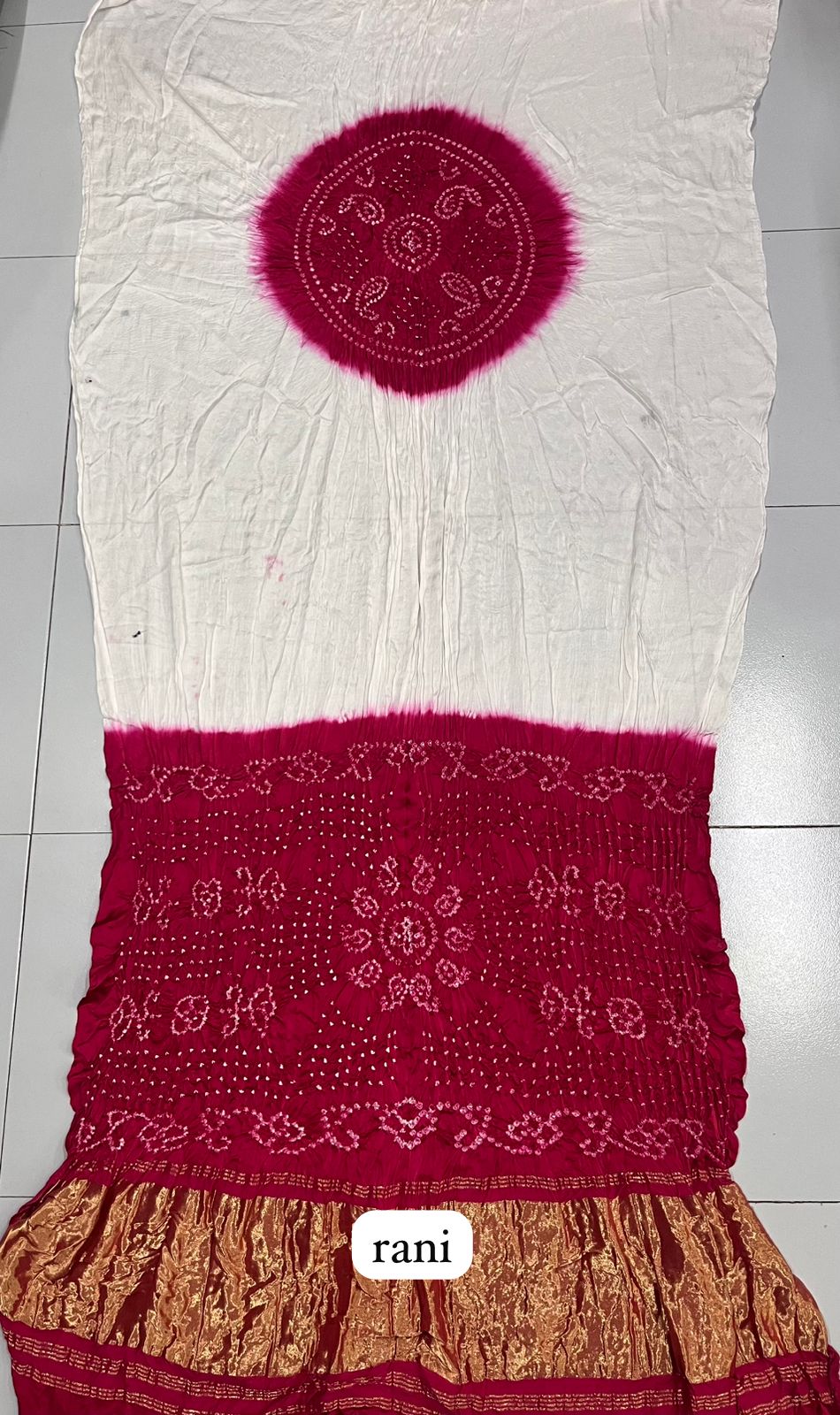White Modal Chakkar Bandhej Saree – Rani Pink
