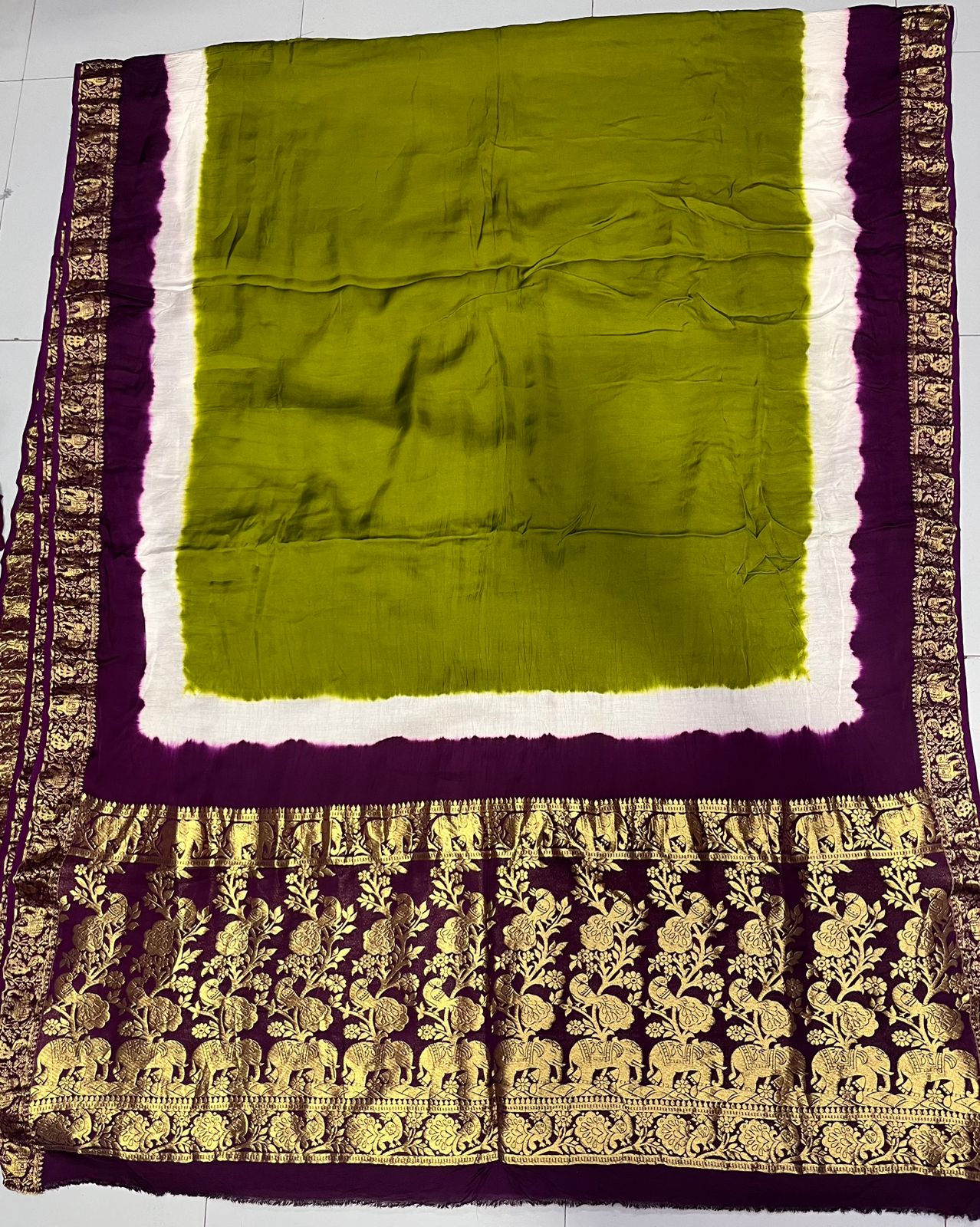Pure Modal Natural Dye 3D Plain Saree-Olive Green