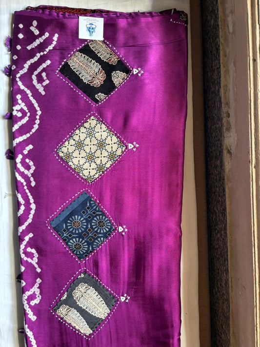 Modal Silk Bandhani Pallu Saree with Mirror Work – Violet