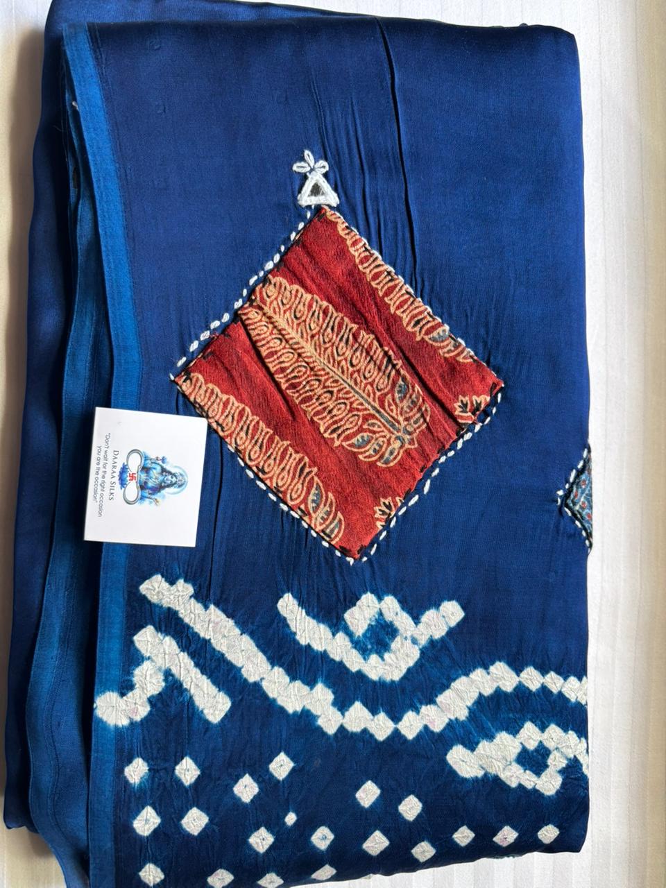 Modal Silk_Plain Saree_Bandhani Pallu_Mushroo_Patch_Mirror work_Blue