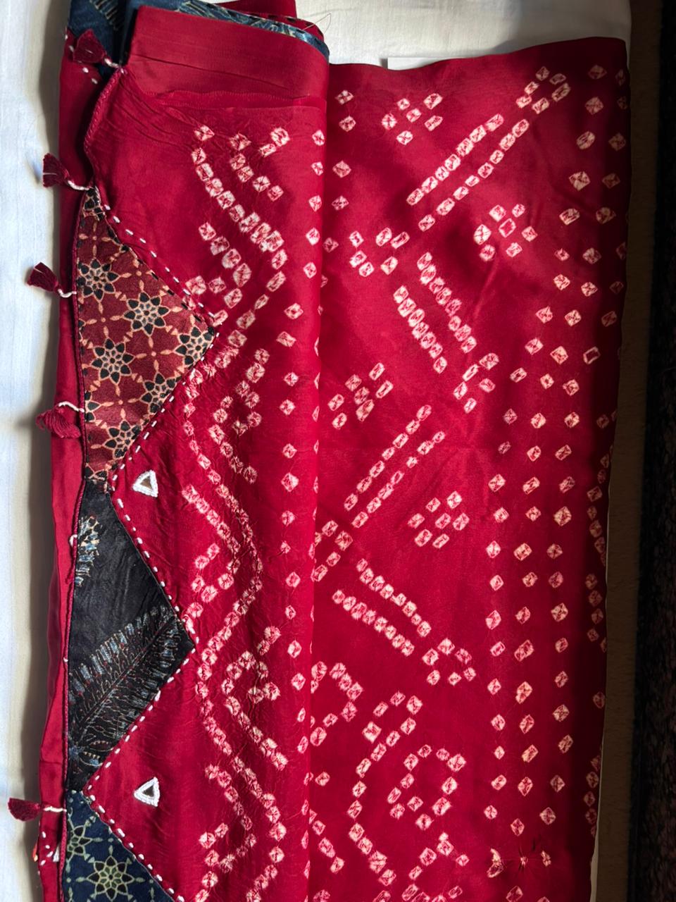 Modal Silk_Plain Saree_Bandhani Pallu_Mushroo_Patch_Mirror work_Red