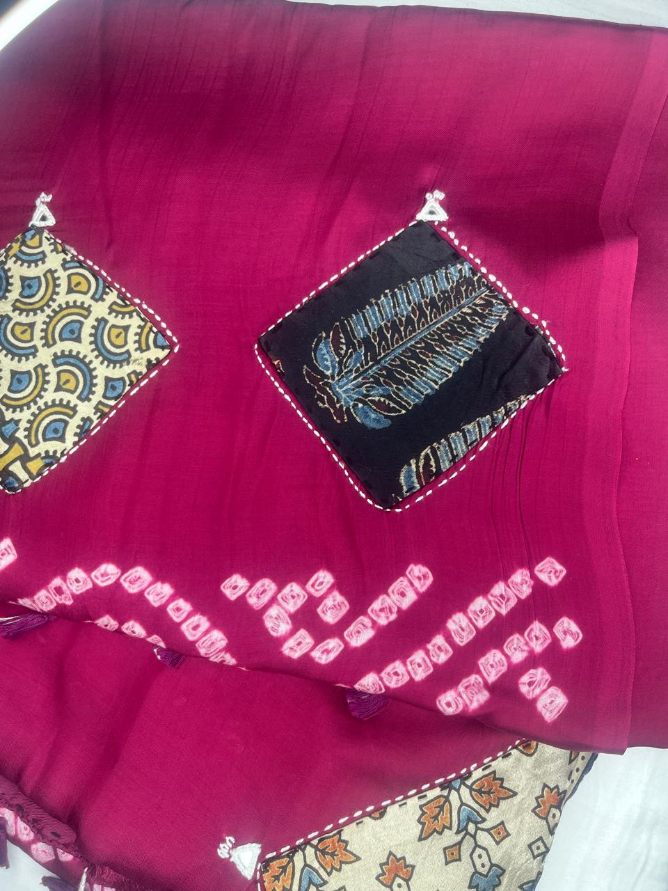 Modal Silk_Plain Saree_Bandhani Pallu_Mushroo_Patch_Mirror work_Magenta