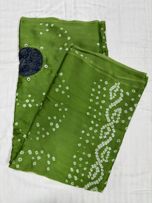 Pure Modal Bandhej Mushroo ajrakh Patch Work - Green