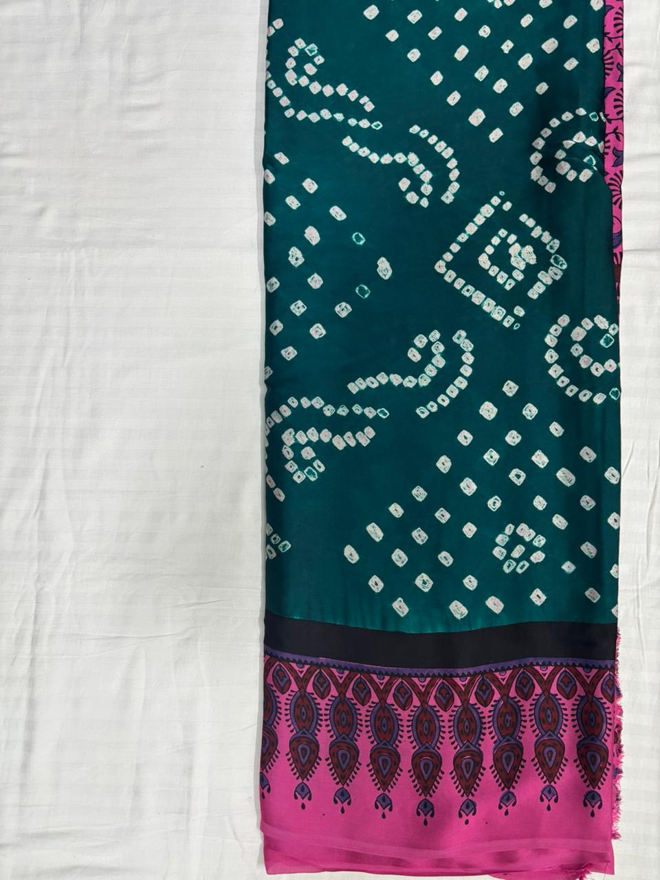 Modal Silk Bandhini Saree with Ajrak Pallu - Green Body & Pink Ajrak Pallu