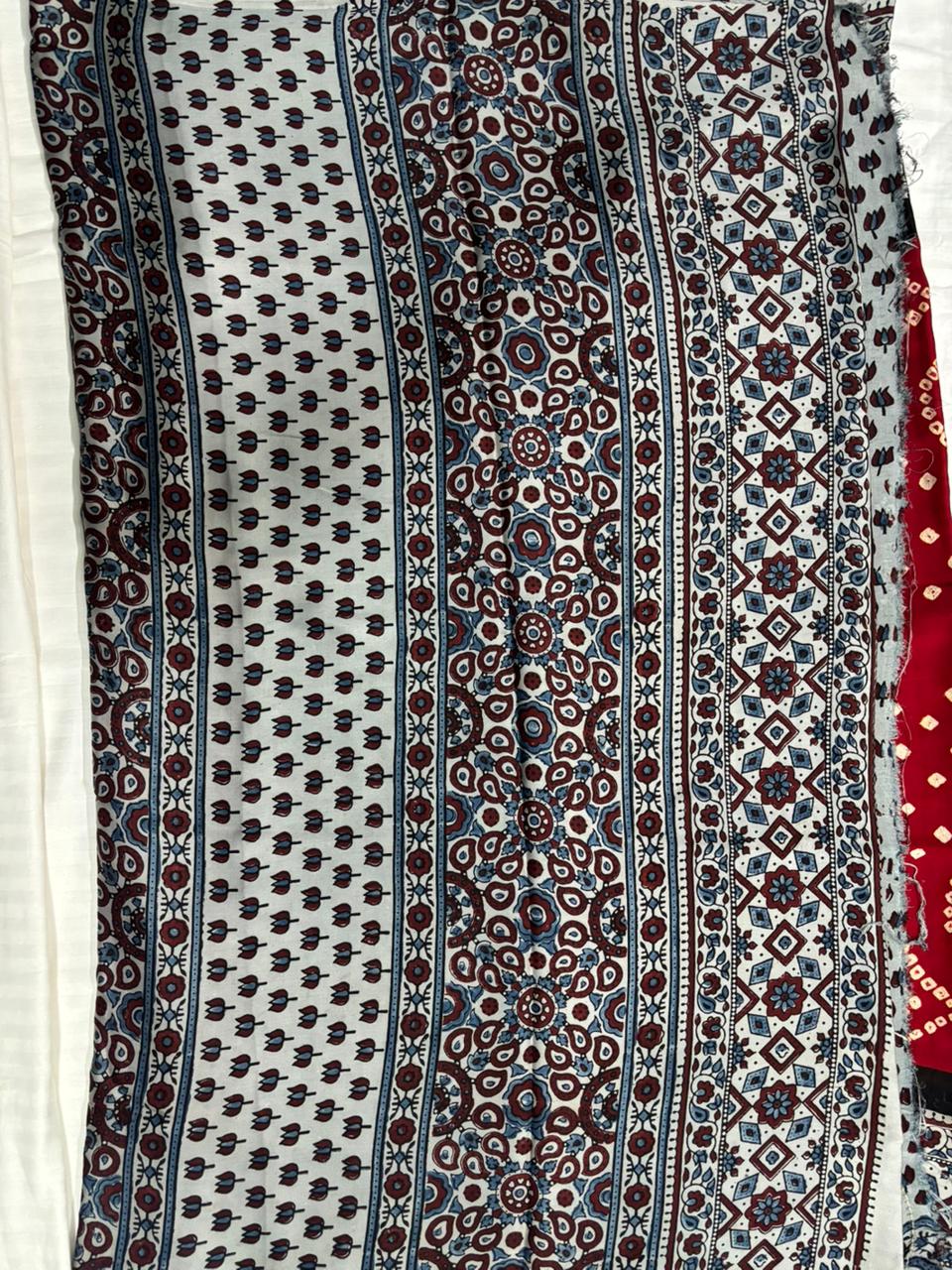 Modal Silk Bandhini Saree with Ajrak Pallu - Red Body & Grey Ajrak Pallu