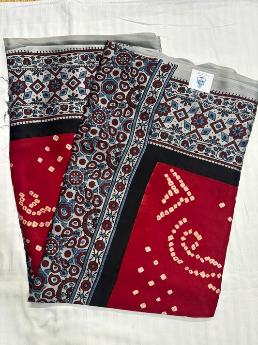 Modal Silk Bandhini Saree with Ajrak Pallu – Red Body & Grey Ajrak Pallu