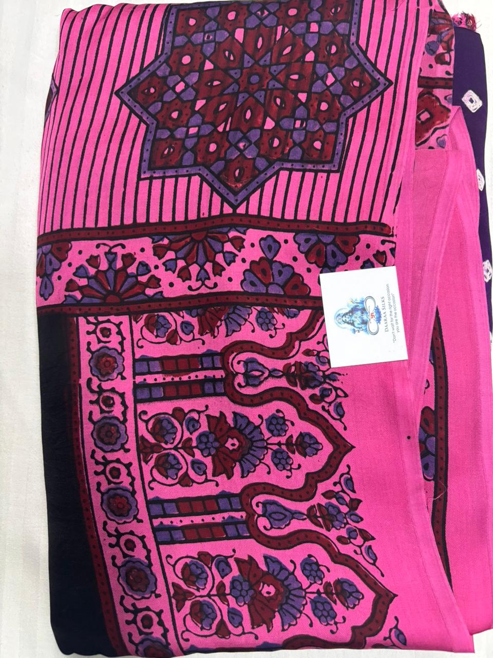 Modal Silk Bandhini Saree with Ajrak Pallu - Violet Body & Pink Ajrak Pallu