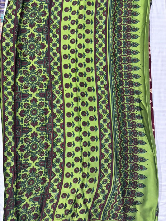 Modal Silk Bandhini Saree with Ajrak Pallu – Brown Body & Green Ajrak Pallu