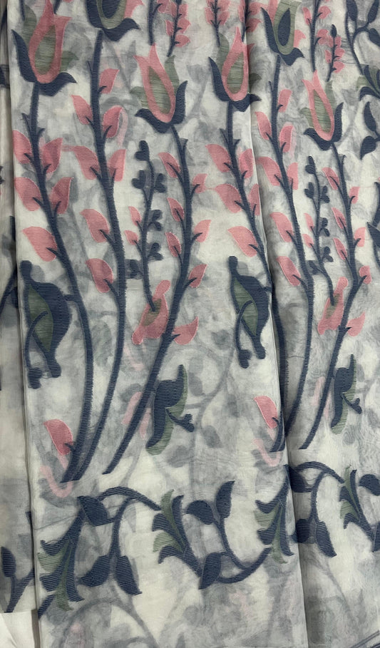 Dhaka Muslin Silk Jamdhani - White & Pink Floral Weave