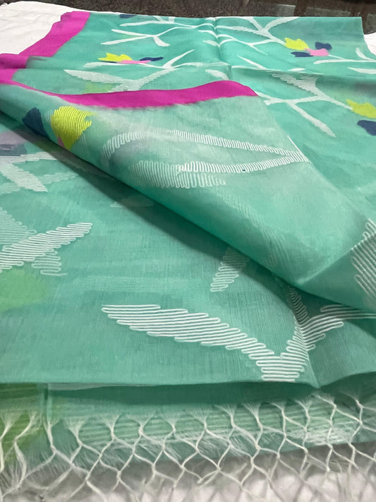 Dhaka Muslin Silk Jamdhani – Green Floral Weave