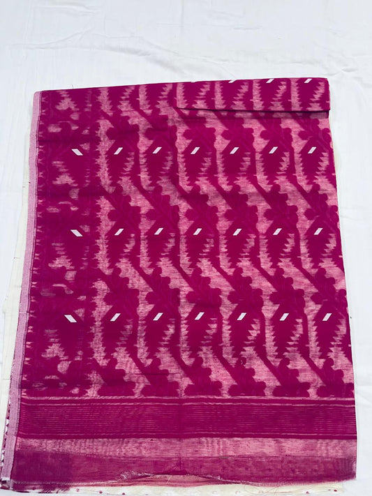 Dhaka Cotton Jamdani - Beige base with Pink Floral Weave