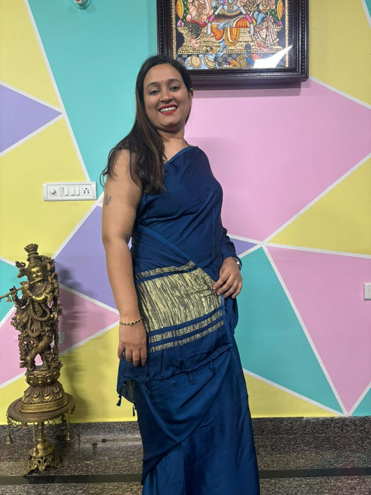 Plain Laggadi Pallu Saree – Kerosene Blue