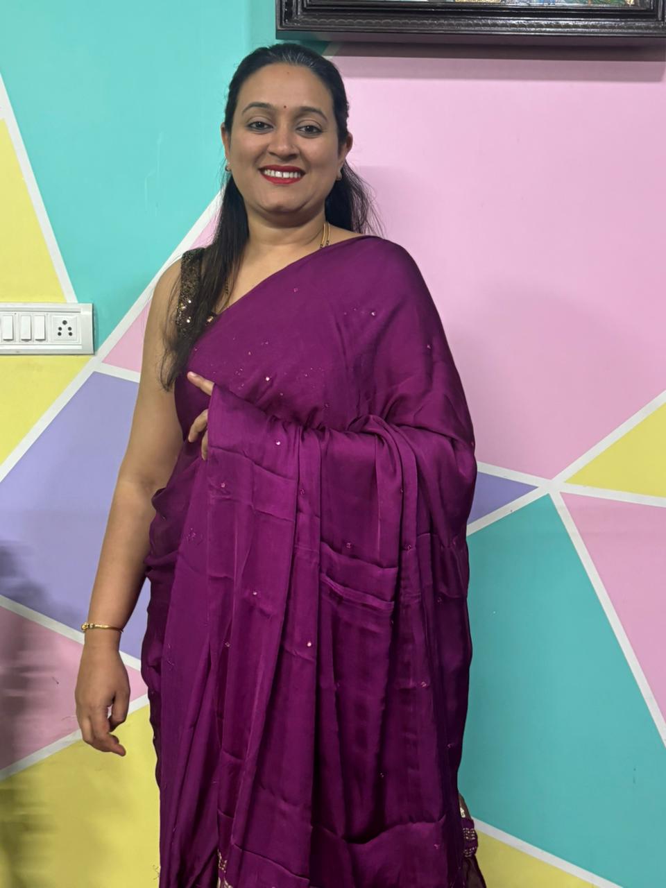 Plain Laggadi Pallu Mirror Work Saree-Violet