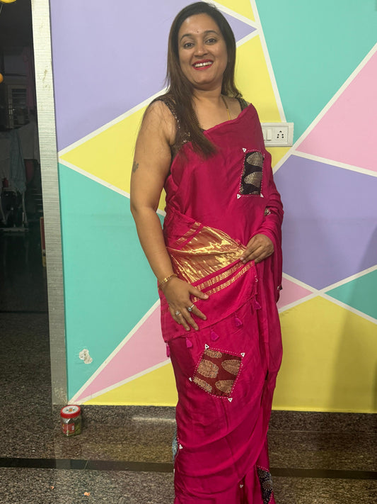 Modal Saree with Mushroo Patch – Rani Pink