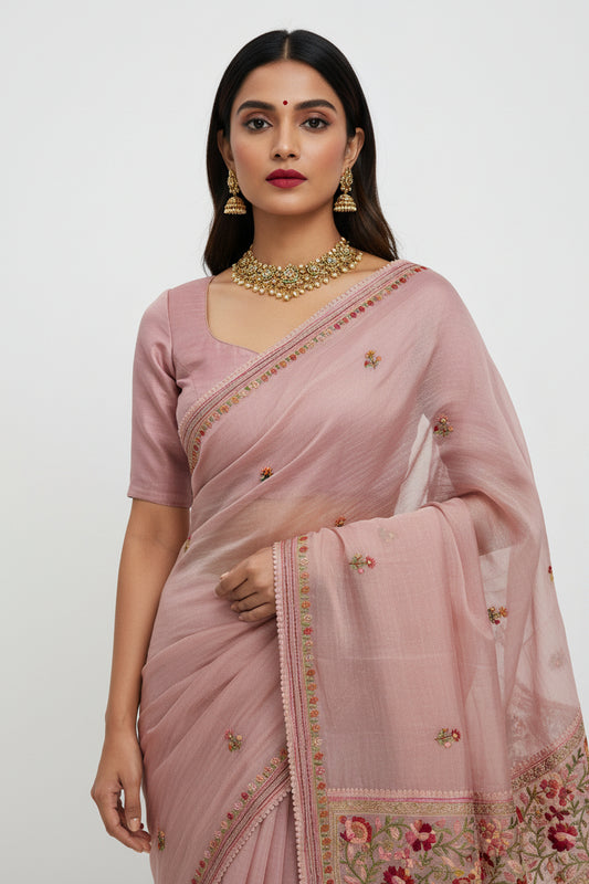 Dusty Rose Tissue Saree with Kantha Hand Embroidery & Floral Bootis
