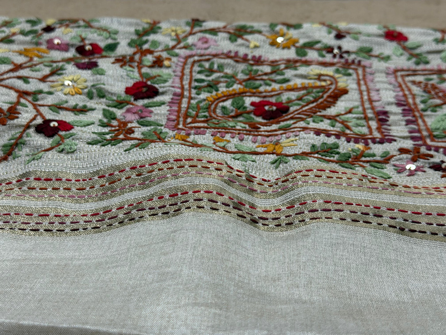 Assam Tussar Silk Saree | Kashmiri Floral Embroidery | Beige – Daaraa Silks