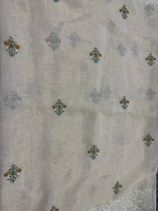 Tissue Linen Silk Saree | Natural Beige with Floral Weave