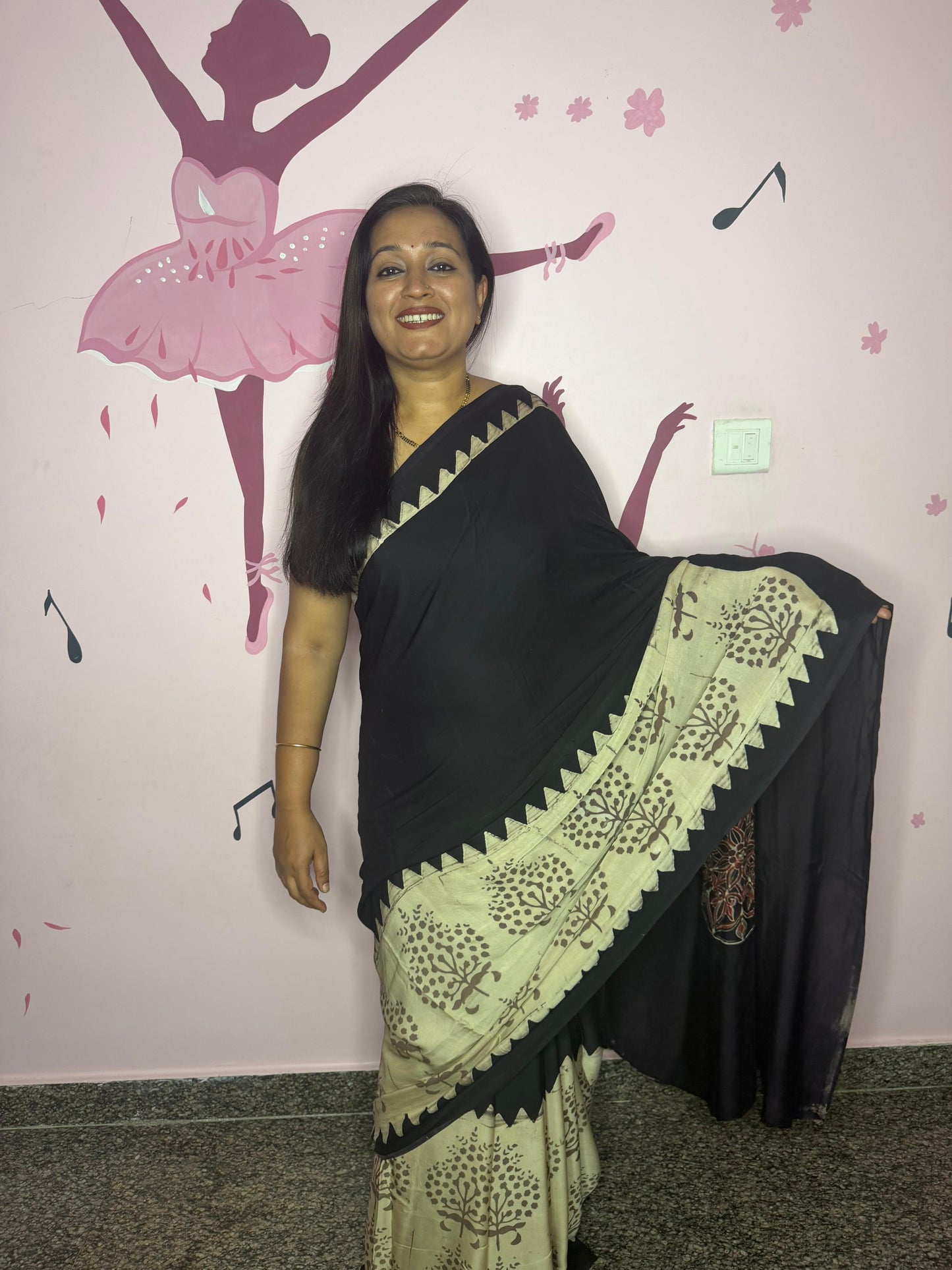 Soft Modal Ajrak Block Print Saree – Black with Ivory Tree of Life Border