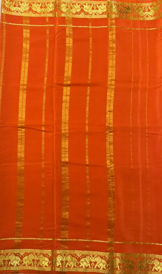 Airavatha 2D – Pure Mysore Crepe Silk Saree | Deep Aubergine Purple & Orange