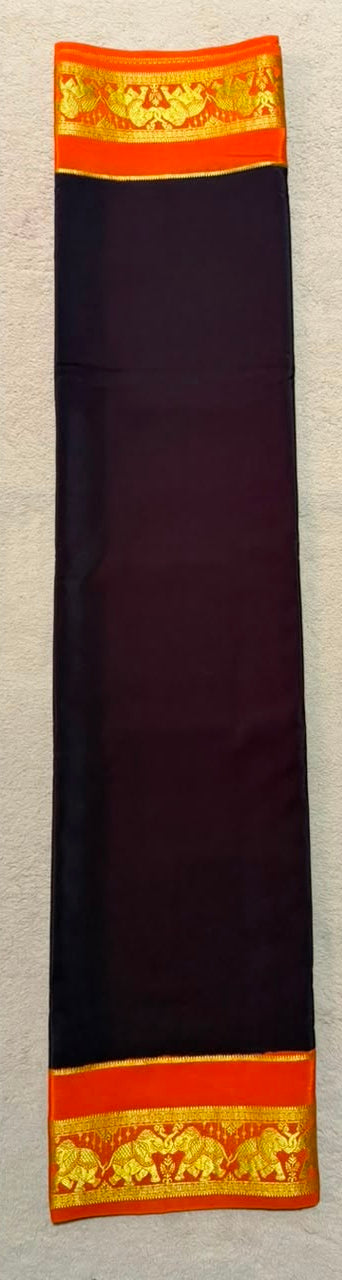 Airavatha 2D – Pure Mysore Crepe Silk Saree | Deep Aubergine Purple & Orange
